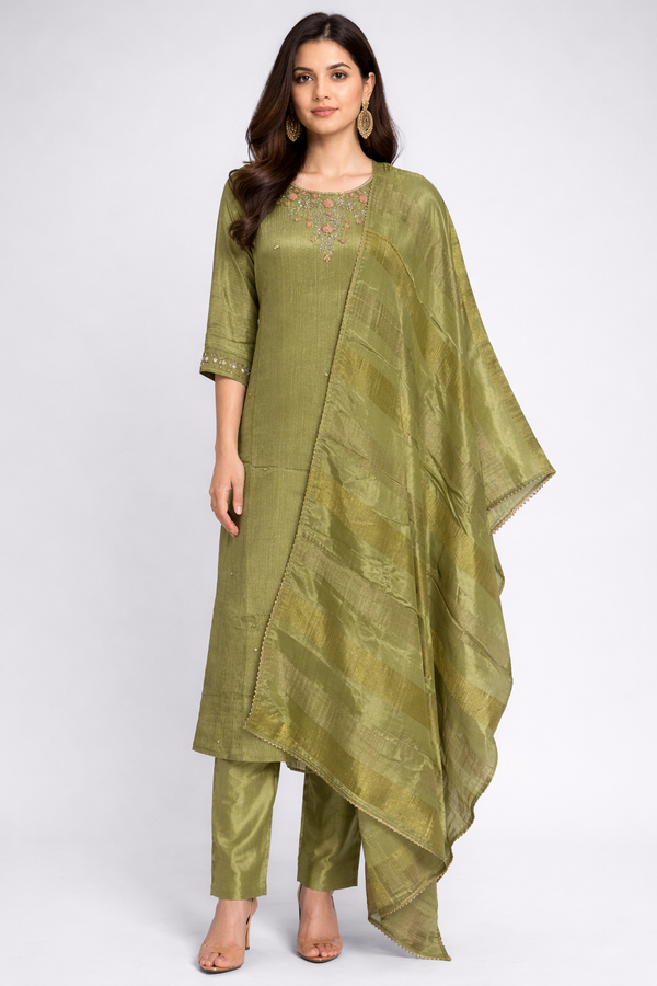 Green Crush Fabric Kurta Set - HAB Collections