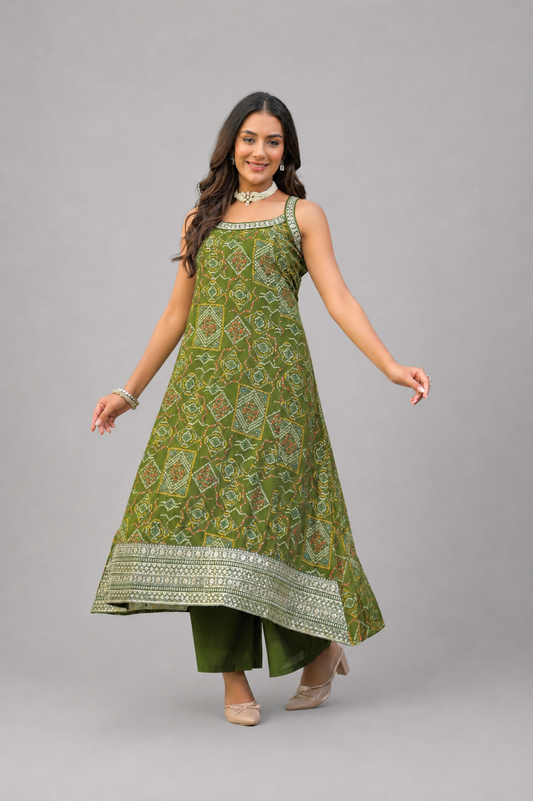Festive Wear Mul Chanderi Green Kurta Set - Code: KSGR12