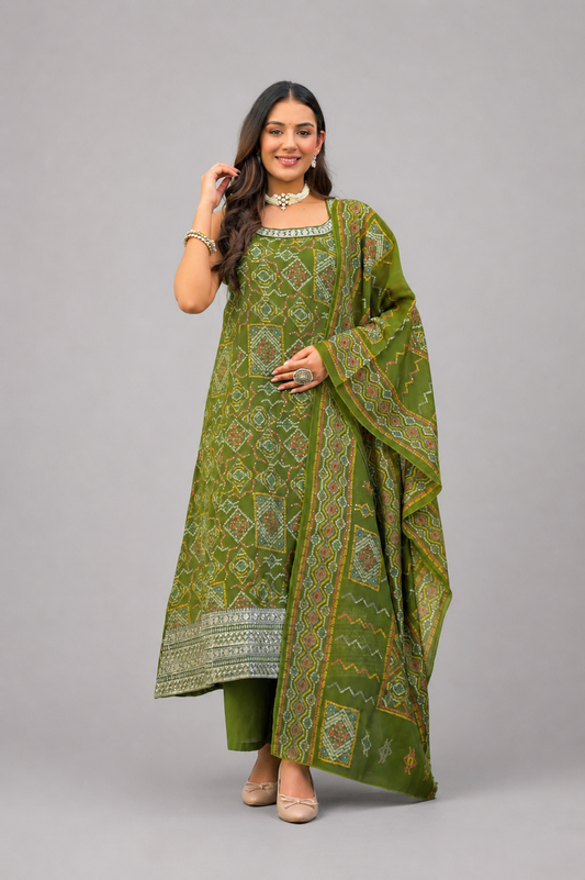 Festive Wear Mul Chanderi Green Kurta Set - Code: KSGR12