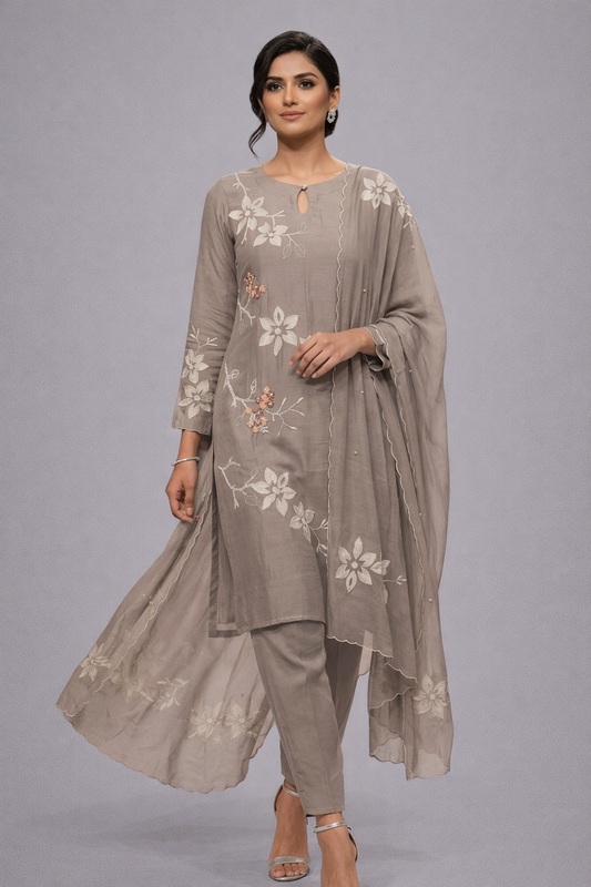 Festive Wear Mul Chanderi Grey Kurta Set - Code: KSGY4
