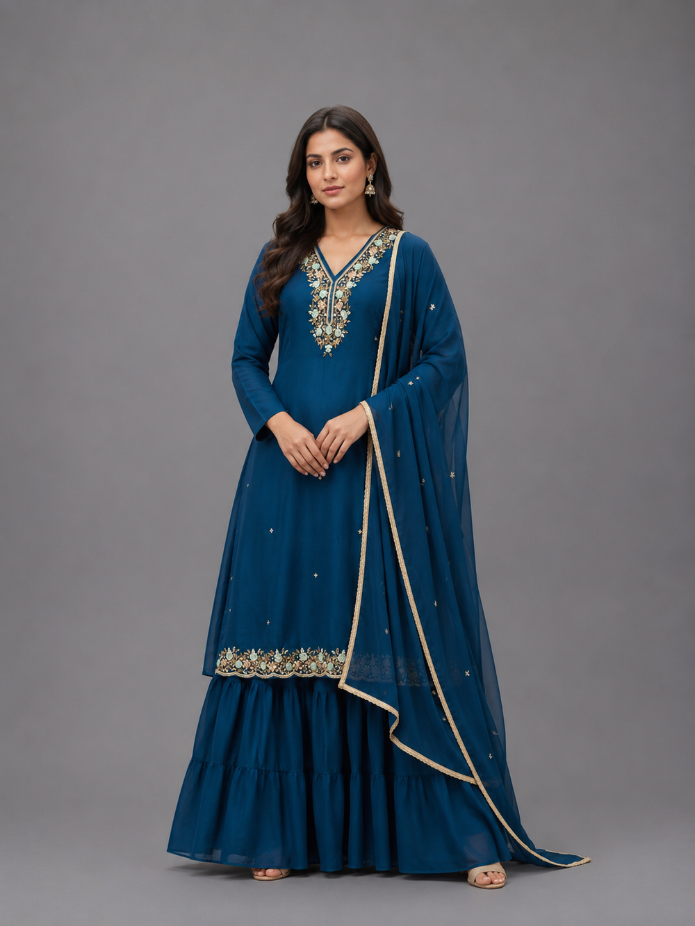 Indigo Blue Chinnon Indo-Western Kurta Set - HAB Collections