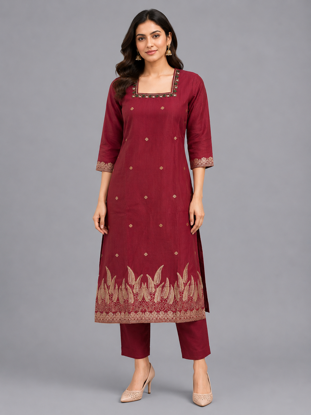 Daily Wear Maroon Chanderi Kurta Set - Code: KSMR6