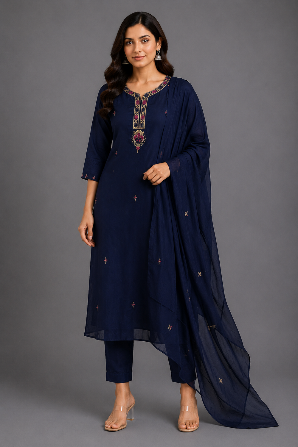 Navy Blue Natural Crepe Silk Kurta Set - HAB Collections