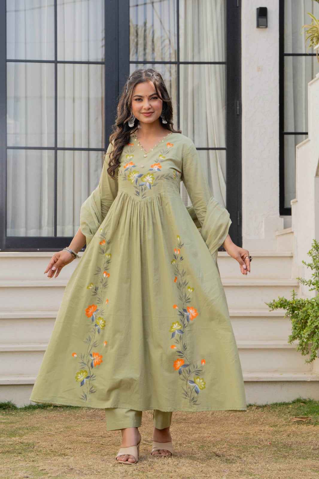 Daily Wear Olive Green Cotton Kurta Set