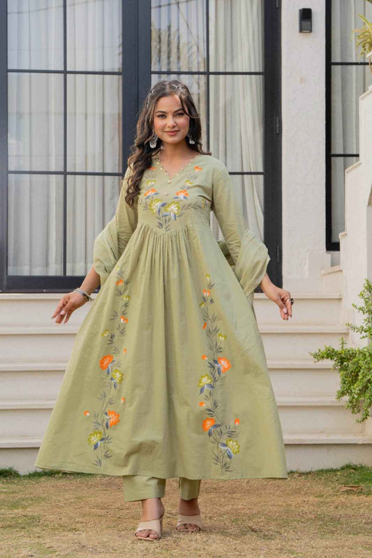 Daily Wear Olive Green Cotton Kurta Set