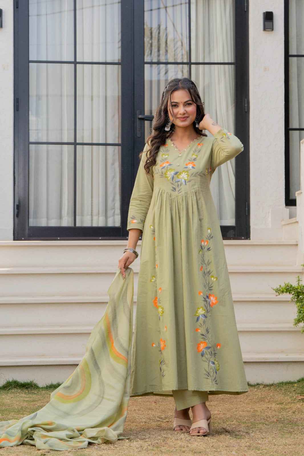 Daily Wear Olive Green Cotton Kurta Set