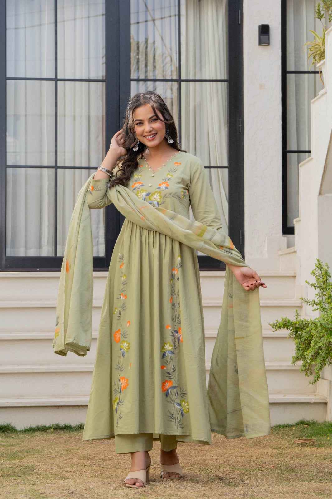 Daily Wear Olive Green Cotton Kurta Set
