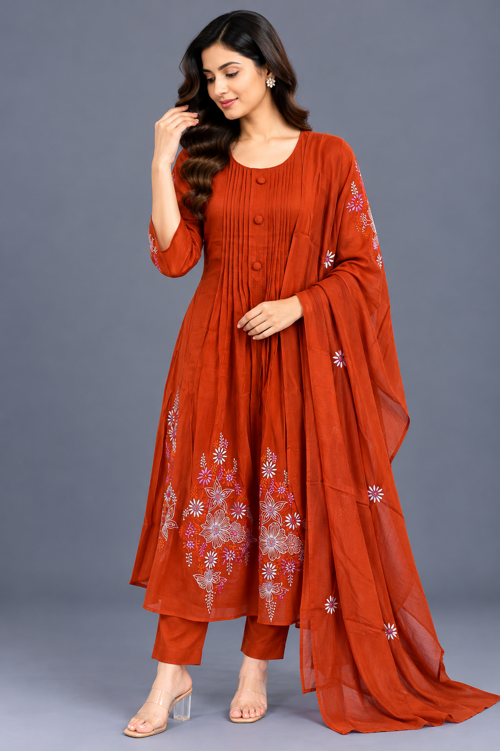 Rust Orange Mul Chanderi Kurta Set · KSOR12