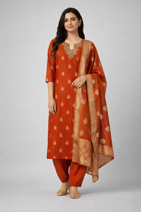 Orange Dola Jaqard Silk Kurta Set - HAB Collections