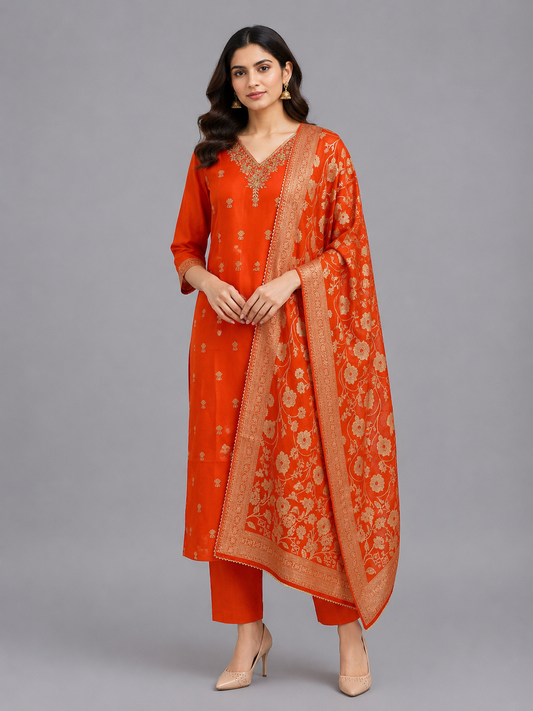 Festive Wear Orange Dola Silk Kurta Set - Code: KSOR6