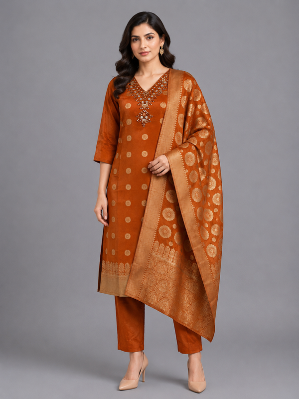 Orange Tissue Kurta Set - HAB Collections