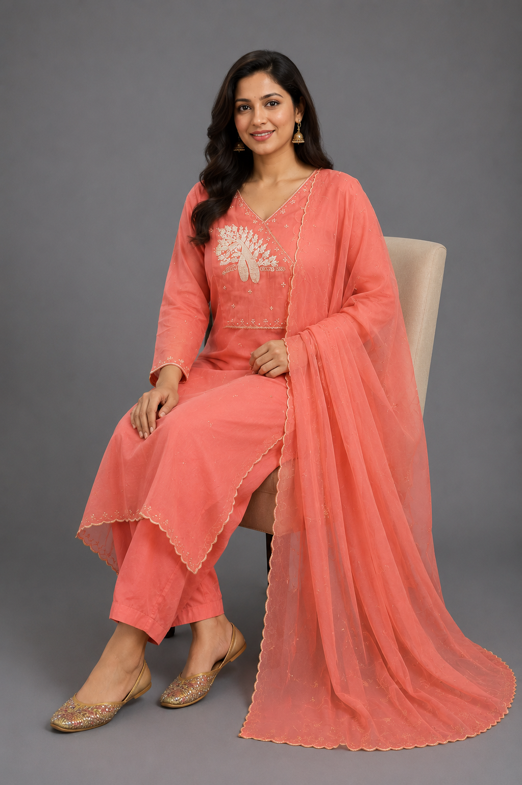 Festive Wear Peach Mul Chanderi Kurta Set - Code: KSPE2