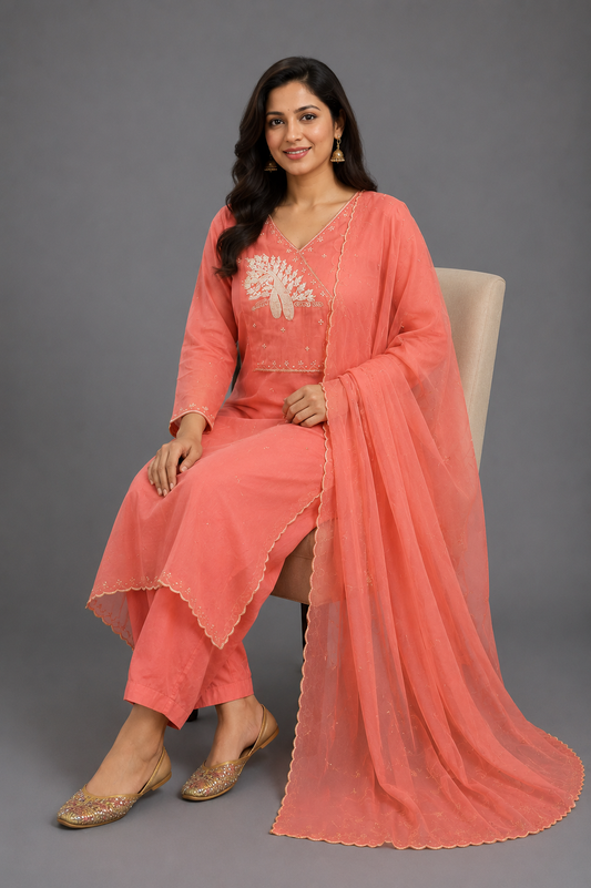 Festive Wear Peach Mul Chanderi Kurta Set - Code: KSPE2