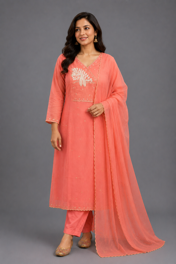 Peach Mul Chanderi Kurta Set - HAB Collections