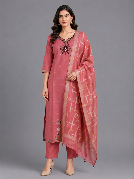Festive Wear Pink Jamdani Kurta Set - Code: KSPI10