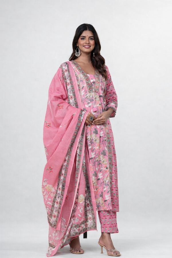 Pink Cotton Kurta Set - HAB Collections