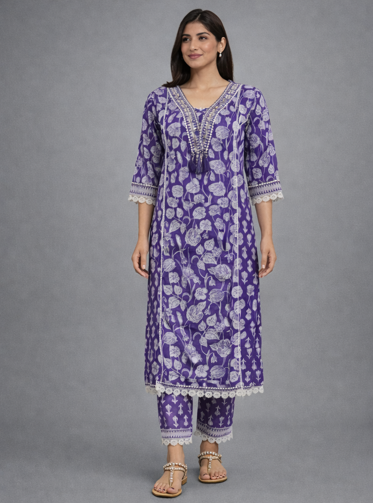 Woman wearing a purple floral kurta with matching pants, shown from front and back on a gray background.