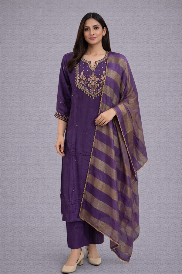 Purple Natural Crape Silk Kurta Set - HAB Collections