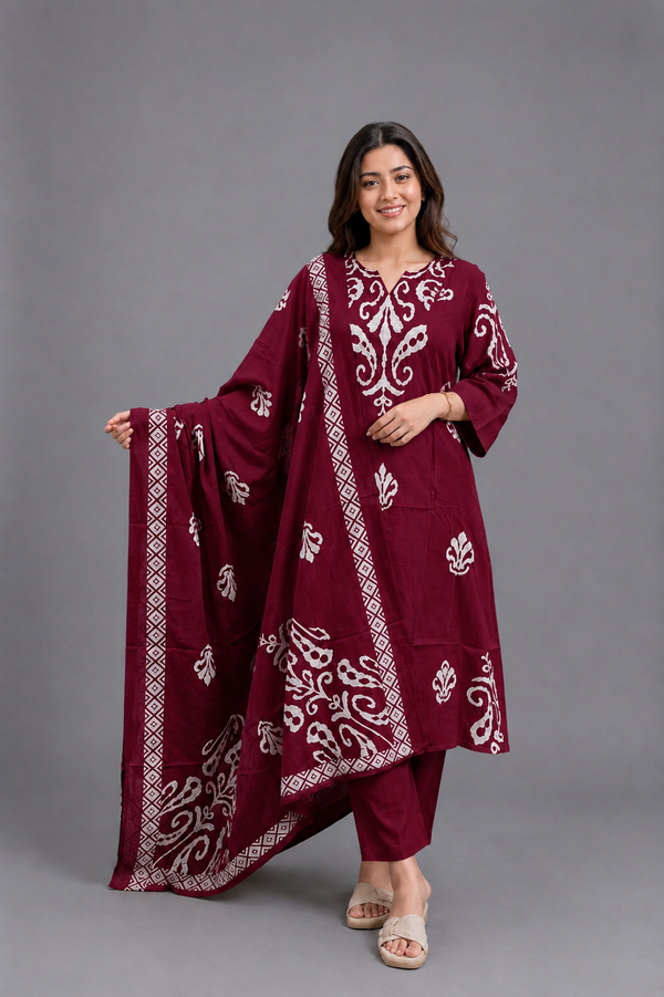 Wine Cotton Kurta Set - HAB Collections