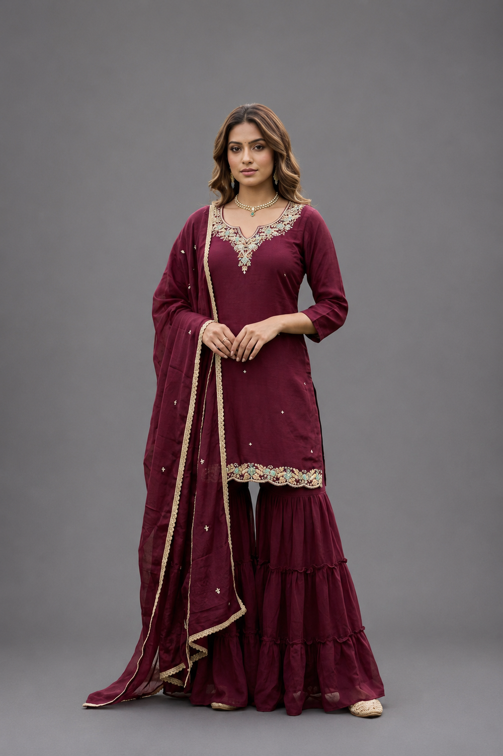Wine Dola Jaqard Silk Indo-Western Kurta Set - HAB Collections