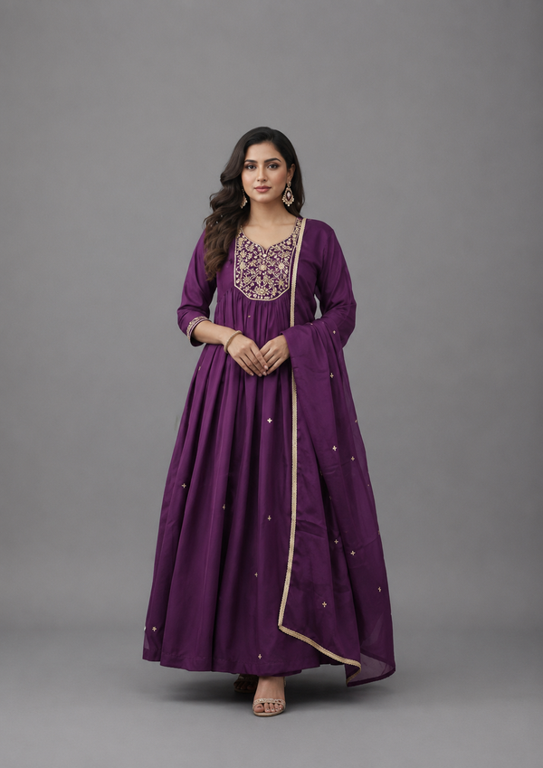 Wine Chinnon Kurta Set - HAB Collections
