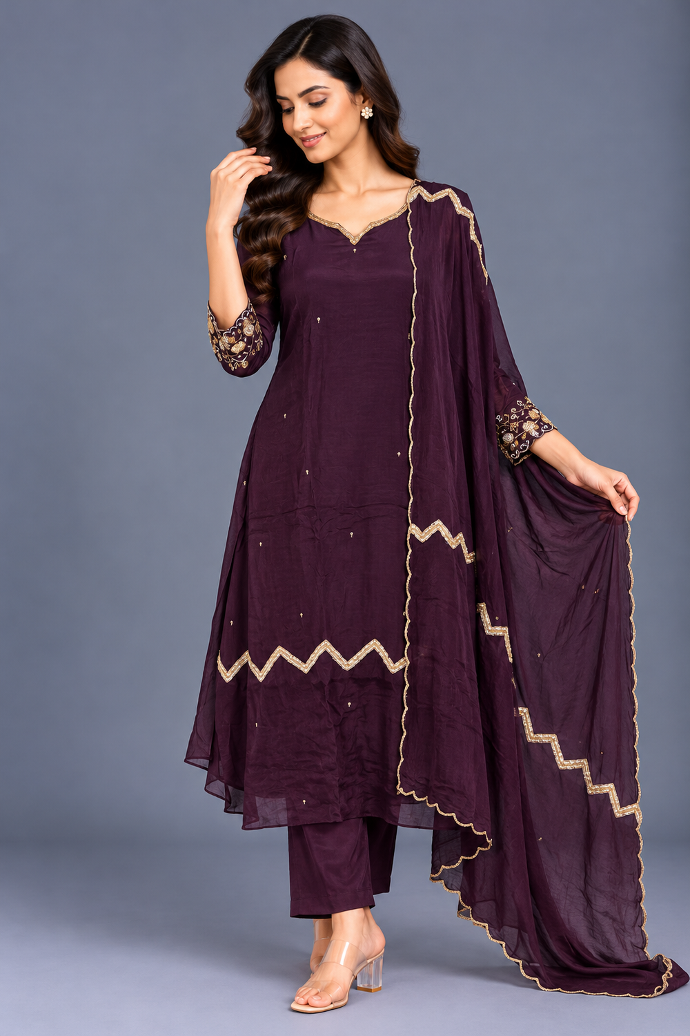 Wine Natural Crepe Silk Kurta Set · KSWI5