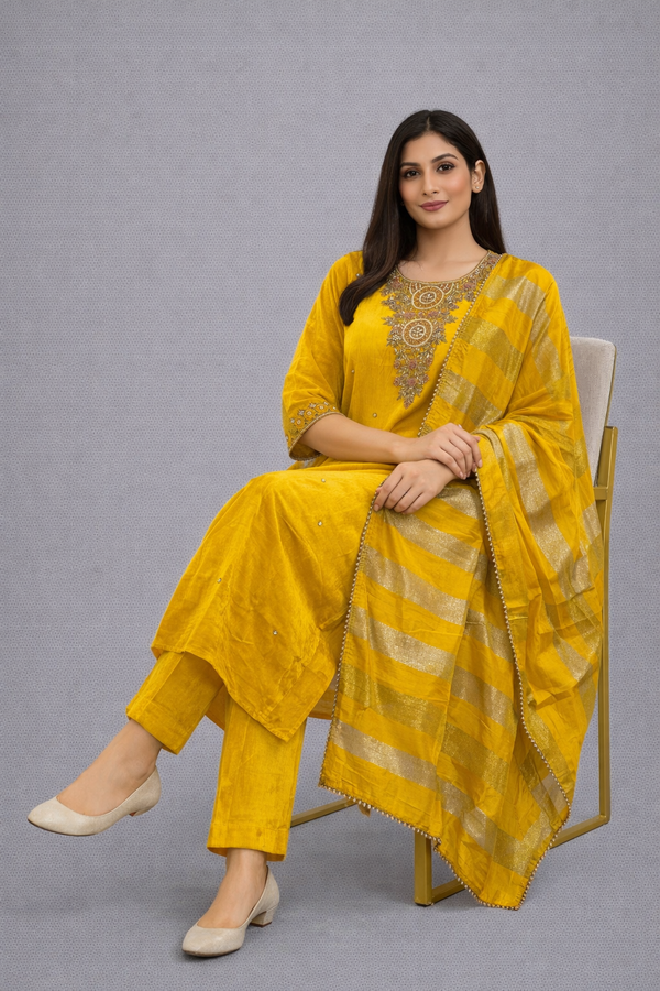 Yellow Natural Crape Silk Kurta Set - HAB Collections