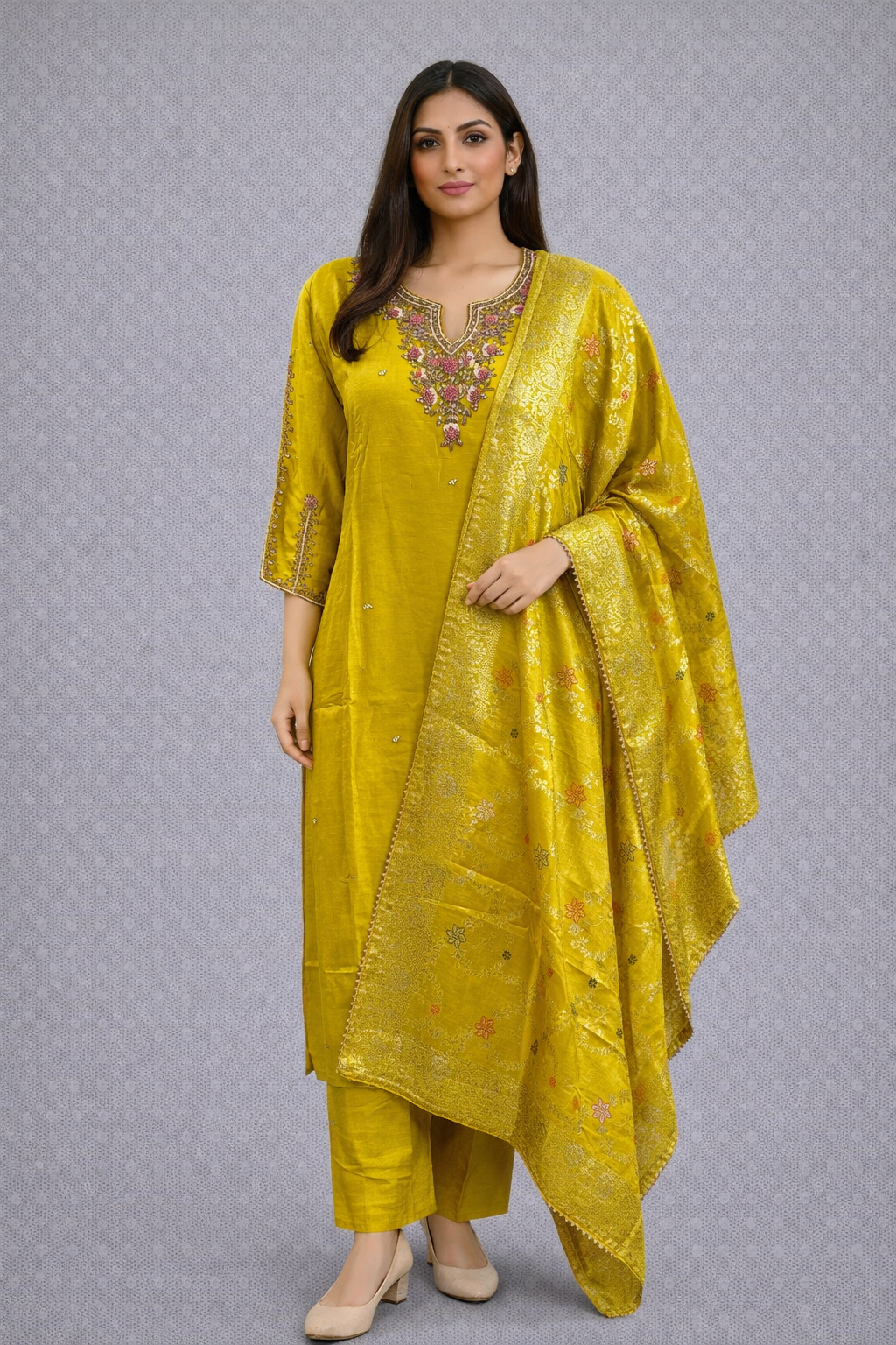 Festive Wear Yellow Dola Silk Kurta Set - Code: KSYE6