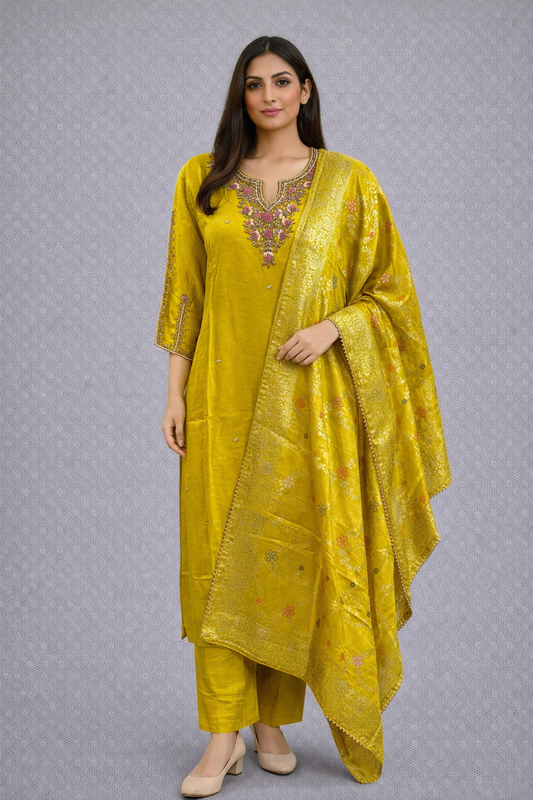 Festive Wear Yellow Dola Silk Kurta Set - Code: KSYE6