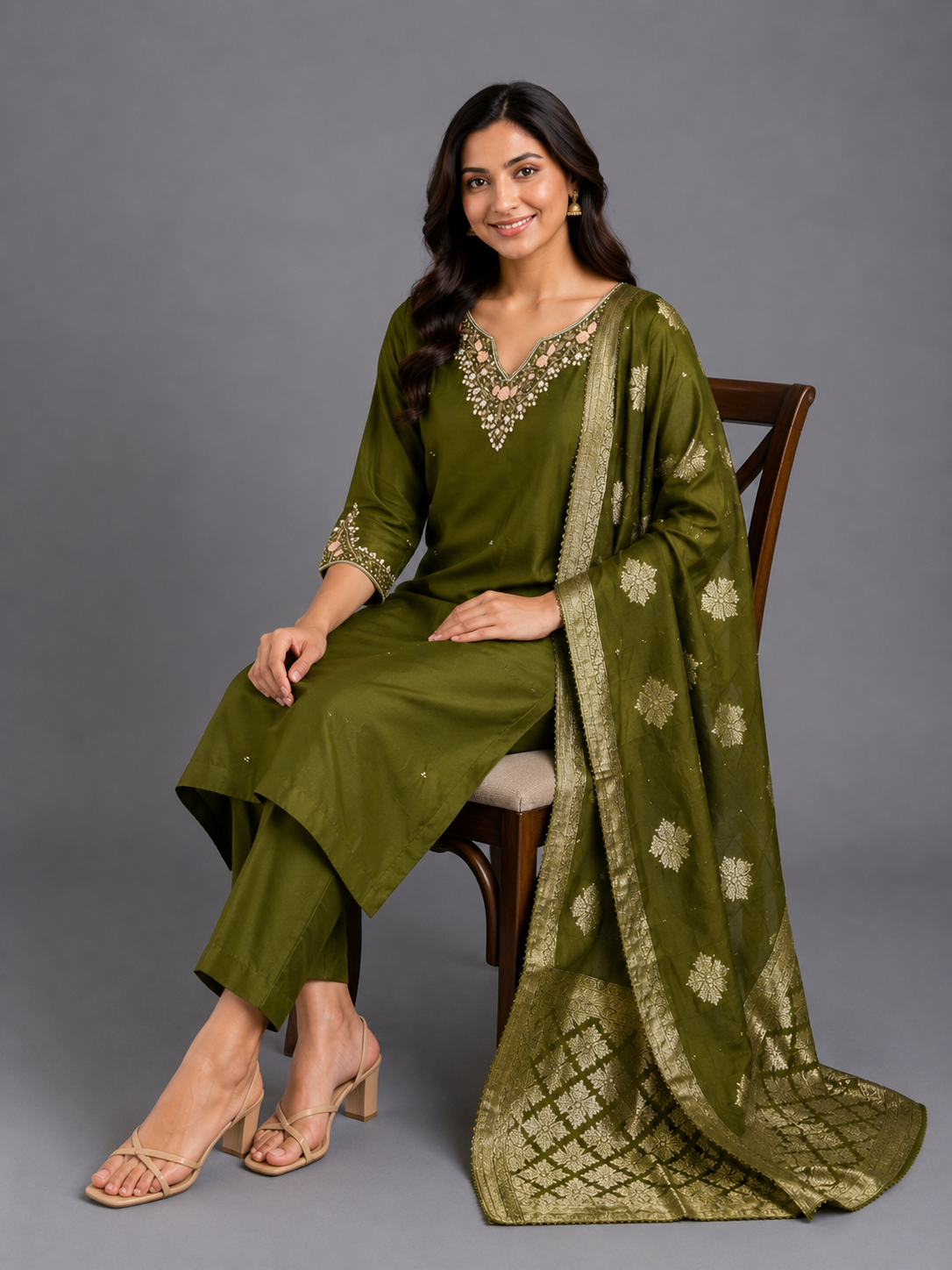 Festive Wear Mehendi Green Dola Silk Kurta Set - Code: PSKSMGR