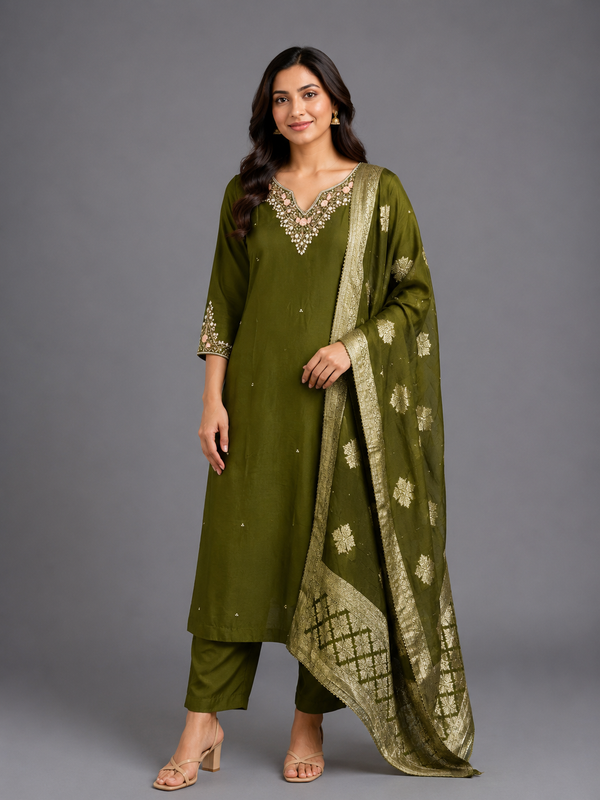 Mehendi Green Dola Jaqard Silk Kurta Set - HAB Collections