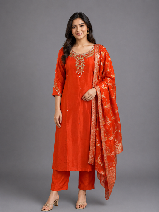 Festive Wear Orange Dola Silk Kurta Set - Code: PSKSOR