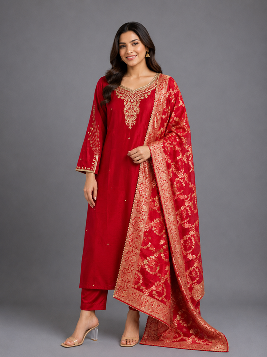 Festive Wear Red Dola Silk Kurta Set - Code: PSKSRE